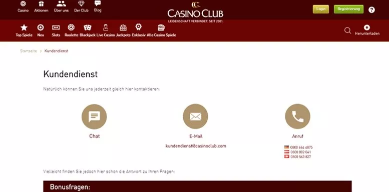 Kundensupport von Casino Club