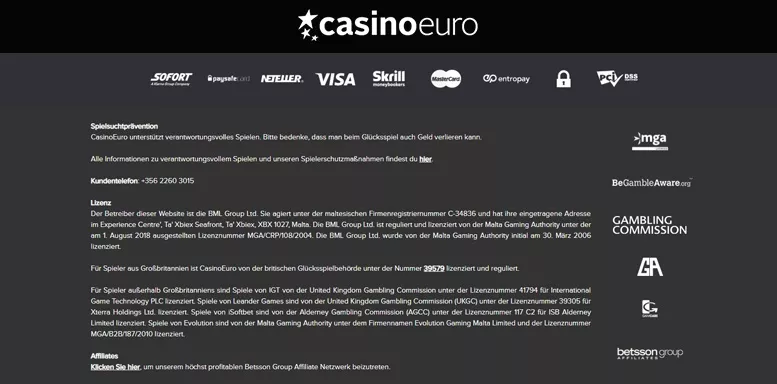Lizenzen und Sicherheitssiegel von CasinoEuro