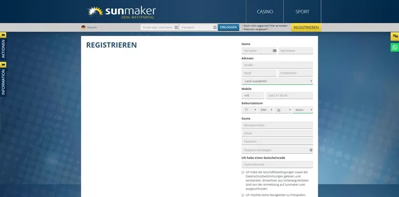 Anmeldungsformular von sunmaker