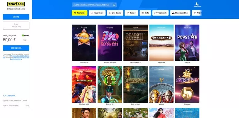 Vorschaubild der Thrills Casino Webseite