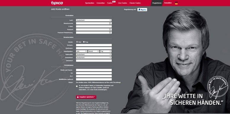 Anmeldungsformular im Tipico Casino