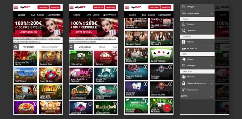 Mobile Webseite vom Digibet Casino